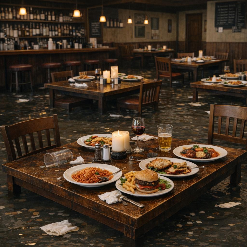 A view of a flooded restaraunt, with food still on (1)